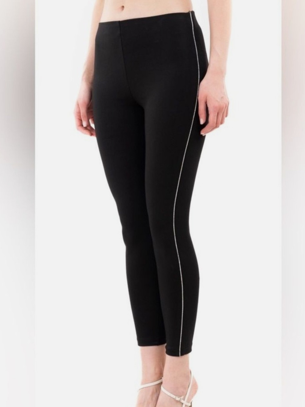ZARA NEVER WORN RHINESTONE DIAMOND Black Slim Ponte Leggings with Side Stripe